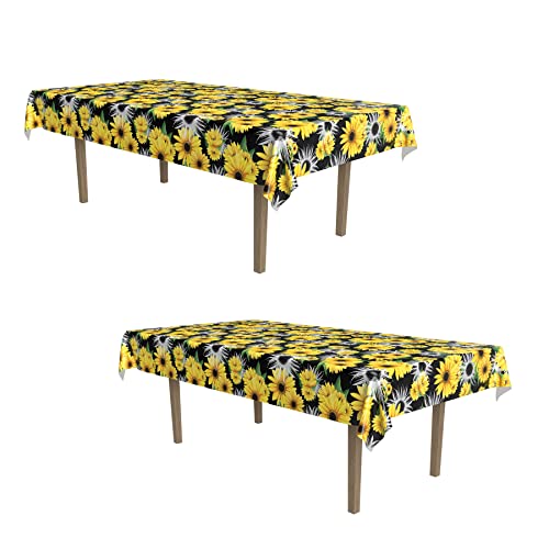 Image of Beistle Sunflower Tablecovers - 2-Pack Disposable Plastic Table Covers for Summer Parties, Rustic Farmhouse Events, Garden Celebrations and Fall Sunflower-Theme Decorations, 54 inch x 108 inch