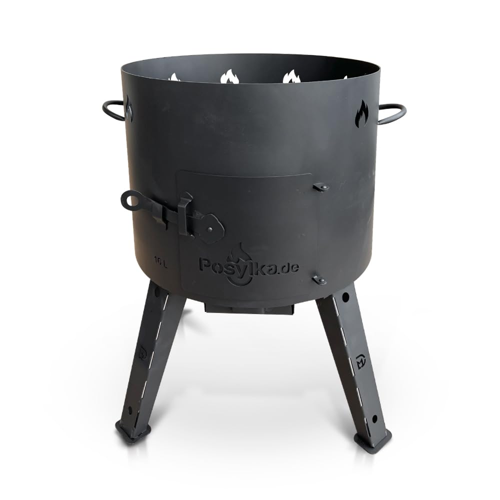 Utschak Feuerofen mit Gusseisen Topf runder Boden mit Deckel 16 L KazanoFF Uchag Gusseisen Kazan Kasan Outdoor Feuerschale Camping 48 cm Set 16-6