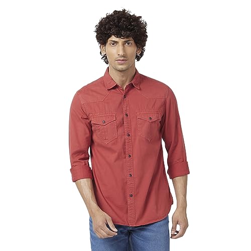 Spykar Men Brick Red Twill Slim Fit Full Sleeve Denim Shirt