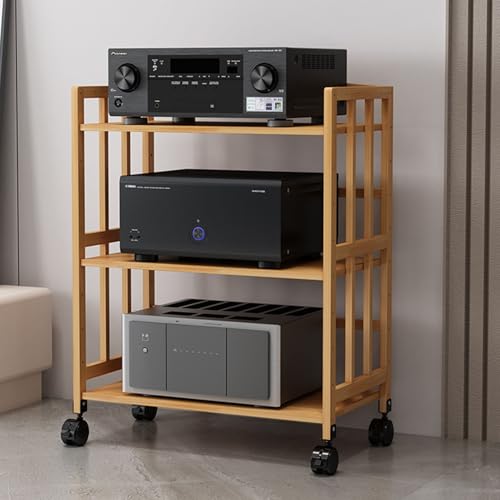 Support audio mobile à 3 niveaux en bambou avec étagère réglable - 2