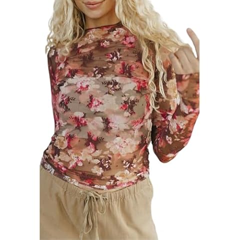 Kluyuexin Sheer Mesh Long Sleeve Shirts for Women Dressy Casual Blouses Spring Summer Floral Print Tunic Top Red L Cover