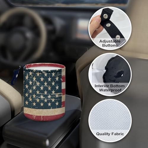 Image of Pensura Vintage American Flags Car Garbage Bin Reusable Hanging Auto Trash Can for Front Seat Back Seat Car Organizer for Car, Office, Home, Travel Camping Accessories