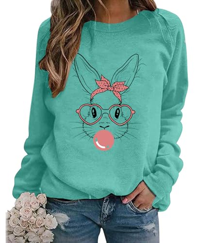 KVADN Easter Sweatshirts for Women Easter Sweaters Bunny Rabbit Graphic Shirt Cute Bunny Long Sleeve Pullover Tops Sky Blue