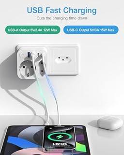 Adattatore da viaggio Germania-Svizzera 4 USB (2 tipo C) 2 prese Svizzera Schuko EU tipo J Maldive Ruanda Madagascar Liechtenstein bianco