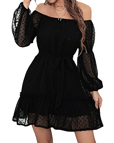 BebreezChic Vestidos de Verano Mini Mujer de Lunares Suizos Cintura Alta con Cinturón Elegante Casual Cover