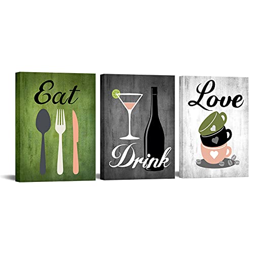 Canvas Set of 3 Green and Grey Modern Kitchen and Dining Room Wall Art Home Decor Abstract EAT DRINK LOVE Theme Canvas Prints Pictures Framed Artwork for Coffee Bar Restaurant Cafe Ready to Hang