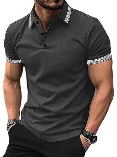 UOUA Mens Casual Polo Shirts Classic Short Sleeve Collared T Shirt Button Golf Slim Fit Tee Tops