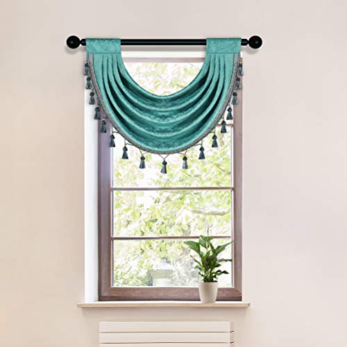 ELKCA Thick Chenille Waterfall Swag Valances for Living Room Turquoise Valance Curtains for Kitchen,Pack of 1(Turquoise, 30" W x 22" L)