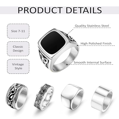 FEYIR 9 Pcs Men's Stainless Steel Vintage Signet Ring Square Pinky Thumb Chunky Thin Band Cuban Link Ring Biker Rings Set for Men by FEYIR - Used condition - Image 7