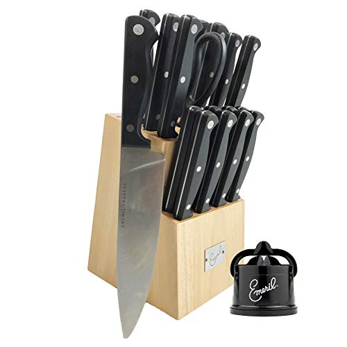 Emeril 18-Piece Knife Block Set + Tungsten Carbide Knife Sharpener with Suction Pad (Black) - Emeril Lagasse Cutlery Set with Stainless Steel Blades - Perfect Kitchen Knives for Produce and Sandwiches