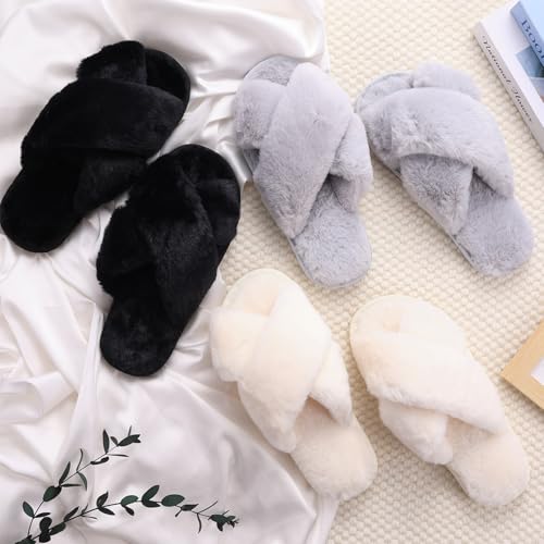 Image of VAIPI 6 Pairs Womens Cross Band Slippers Fuzzy Plush House Bridesmaid Slipper White | Black | Pink Open Toe Fluffy Slipper Soft Warm Bridal Slippers