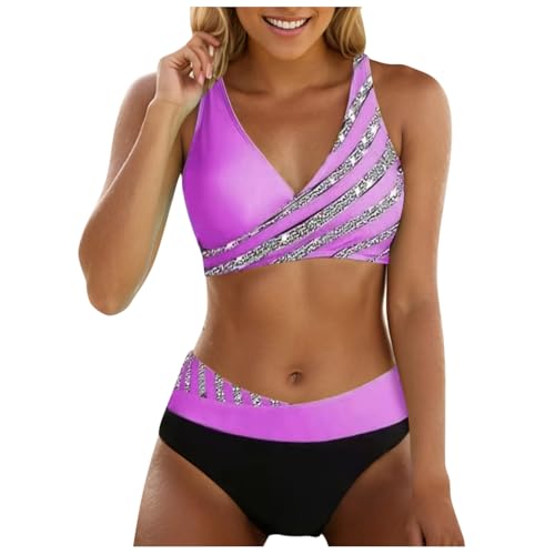 Mujer Traje de Baño de Dos Piezas Push-up Cuello en V Bañador Cintura Media Conjuntos de Bikinis para Mujer Push Up Bikini Traje Sexy Relleno Traje de Baño Dos Piezas Bañadores Playa Piscina Verano