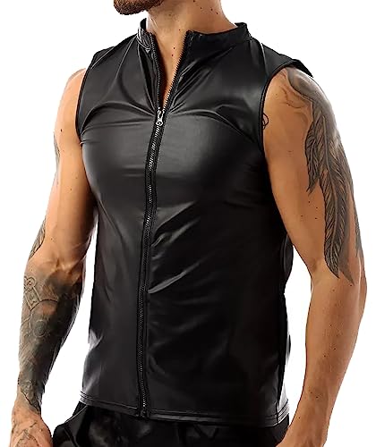 FEOYA Black Leather Shirt Men Sexy Plus Size Lingerie Sleeveless Zipper Latex Suit Soft Matte Leather Exotic Apparel