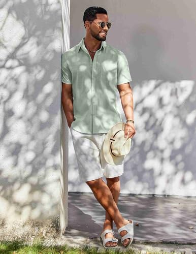 Image of COOFANDY Men's Button Down Short Sleeve Shirt Casual Cotton Summer Beach Wedding Linen Shirts with Pocket