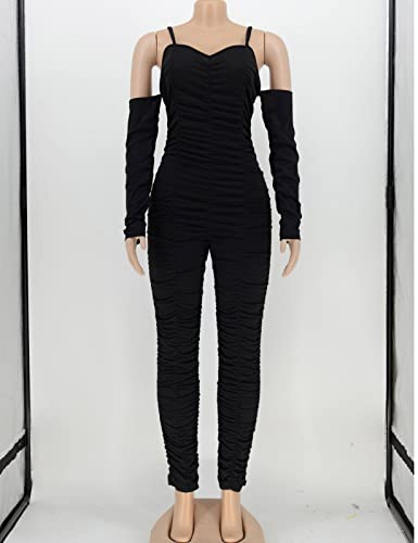 Wokanse Women's Sexy Long Sleeve Ruched Skinny Bodycon Party Rompers Outfits One Piece Long Pants Jumpsuits Black L #TOP3
