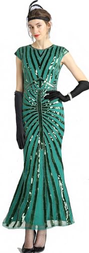 Image of Women Evening Maxi Long Dress 1920s Sequin Mermaid Hem Wedding Prom Gown Costume w / 20s Gatsby Accessories Set