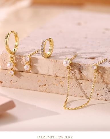 4Pairs Gold Earrings Stacks Set for Women CZ Hoop Pearl Chain Studs Jewelry - 3