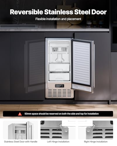 Image of VEVOR Under Counter Ice Maker Machine, 66 Lbs /Day Undercounter Nugget Ice Maker with Gravity Drain, Reversible Door, Self-Cleaning & 24H Timer, Stainless Steel Ice Machine for Commercial Home Kitchen