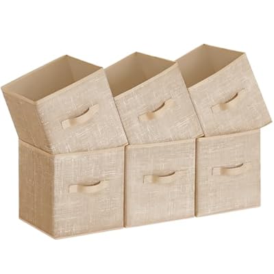 SONGMICS Storage Cubes, 11-Inch Non-Woven Fabric Bins with Double Handles, Set of 6, Closet Organizers for Shelves, Foldable, for Clothes, Sand Beige UROB026K03