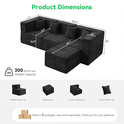 Image of MONVANE 103'' Oversized Boneless Sectional Couches for Living Room, 4-Seat L Shaped Cloud Couch, Modular Sofa with Ottoman & 4 Throw Pillows, Comfy Chenille, No Assembly Required, Black