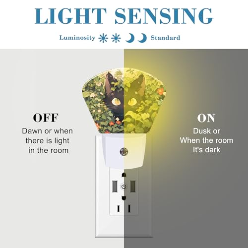 Image of Cute Black Cat in Grass Night Light for Kids Girls Boys, Black Cat LED Night Light Plug into Wall with Dusk to Dawn Sensor for Bedroom, Hallway, Kitchen, Bathroom, Stairs Decor