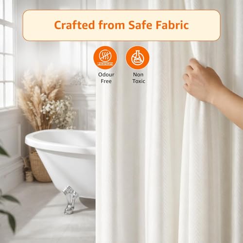 Image of Amazon Basics Shower Curtain 7 Feet | Waterproof Bathroom Curtain | PVC-Free, No Plastic Smell | Machine Washable Fabric | Off-White | 6ft Wide | 12 Hooks -180 CM X 210 CM