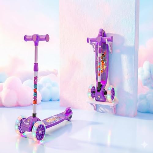 Image of Pixi Turbo Kick Scooter 24mm Wheels | Skate Cycle for Kids with LED Flashing Wheels | Adjustable Height | Foldable | Age 3 to 10 Years | PU Wheels | Max User Weight 50 kgs | Color - Purple