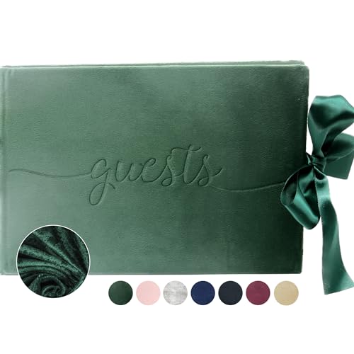 Rosh Pinnah Luxury Velvet Guest Book (100 Pages, 160gsm) - Sign-in Registry Guestbook & Keepsake & Polaroid Photo Book Scrapbook – Velvet Hard Cover with Satin Ribbon - 7” x 10" (Green)