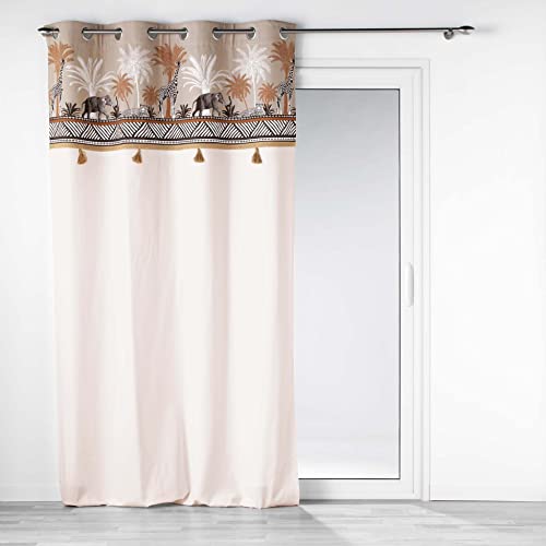 douceur d'intérieur, Rideau à Oeillets (140 x 240 cm) Kenya Lodge Taupe, Coton Finition Top Imprimé et Pompons
