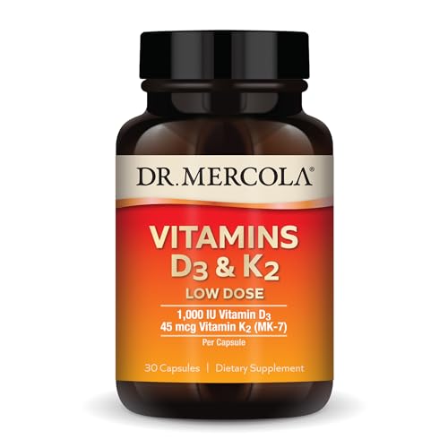 Dr. Mercola Vitamins D3 & K2 Low Dose, 30 Servings (30 Capsules), 1,000 IU Vitamin D3 & 45 mcg Vitamin K2 (MK-7) Per Capsule, Dietary Supplement, Supports Healthy Immune Function, Non-GMO