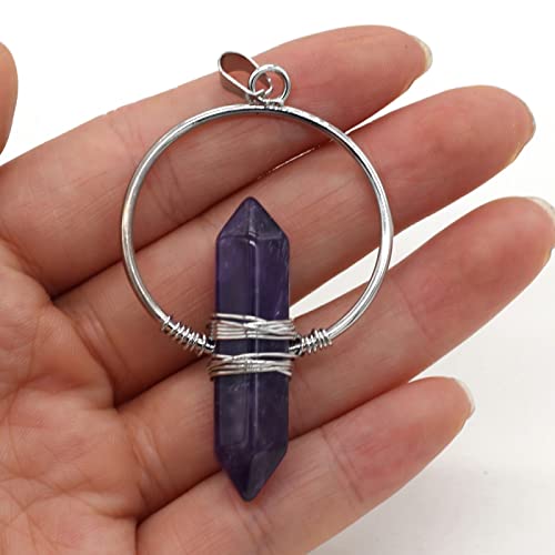 天然石ペンダント振り子アメジストタイガーアイクリスタル六角形ポイントレイキチャーム女性用ジュエリージュエリー作りDIYネックレス,アメジスト