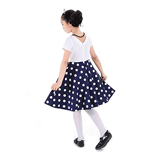50S Girls Vintage Dresses White Navy Kids Polka Dot Dress With Necklace Size 12 For Christmas Tea Party Holiday #TOP2