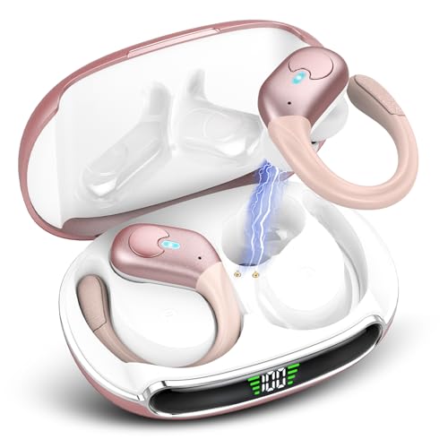 Bluetooth Sports Headphones, Wireless Bluetooth 5.3 Headphones with 4 Mics, ENC Noise Cancelling Earbuds, 60 Hours Playtime, IPX7 Waterproof Headphones with Ear Hooks (Rose Gold)