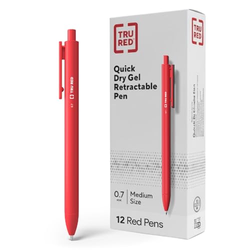 TRU RED Retractable Gel Pens, Medium Point 0.7mm, Red Ink, 12 Pack – Quick‑Dry Pens for Grading, Editing & Mark‑Up