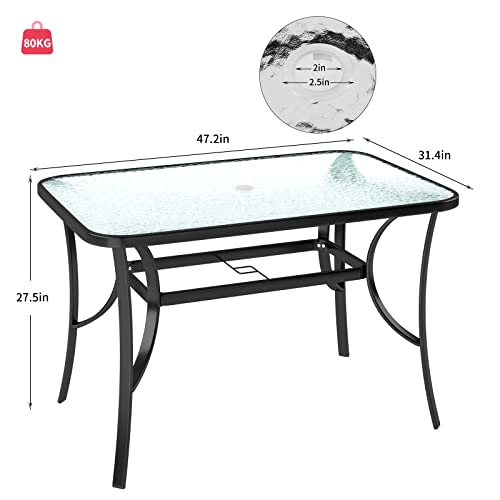 SogesPower Outdoor Tempered Glass Table Patio Dining Table with Umbrella Hole Steel Frame 47 Inch Black