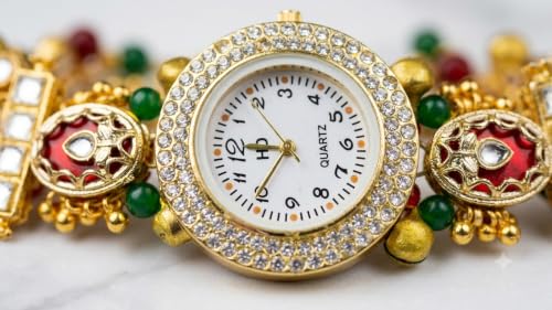Image of Kashmiri Meenakari Round Dial Bracelet Watch, Gold Tone, Red and Green Kundan, Traditional Indian Jewellery Style