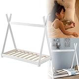  GBHJJ Lit Tipi Lit Enfant, Lit Au Sol Enfant, Lit à Lit avec Matelas Pin Mousse à Froid Polyester Couleur Blanche Mate LaquéE - 140X70Cm