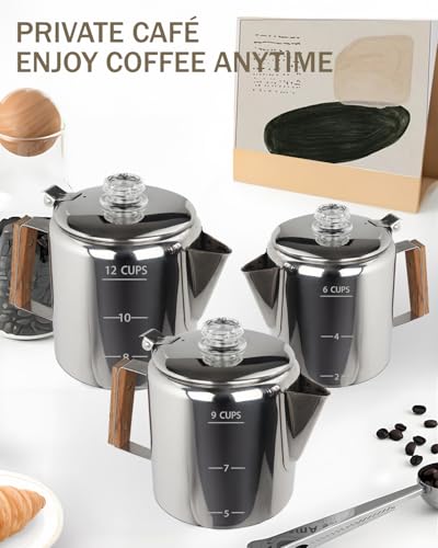 Image of Coffee Maker Coffee Percolator 304 Stainless Steel Pot Stovetop Easy Brewing Even Heating 6 Cup 33.8oz 1000ml Silver Classic Design Heat Resistant Home Camping Outdoor