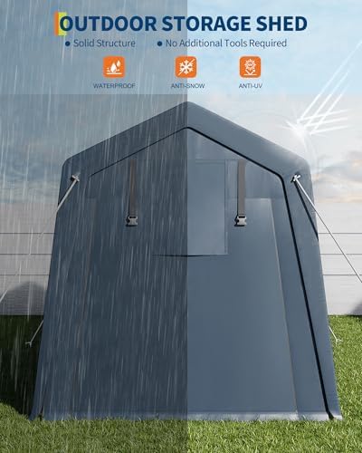 IDEALHOUSE Heavy-Duty 6x6 ft Outdoor Storage Shed, Waterproof & UV-Resistant Carport Shelter with Roll-Up Zipper Doors and Vents, Secure Garage Tent for Motorcycle, Bike, and Garden Tools， Grey — view 7