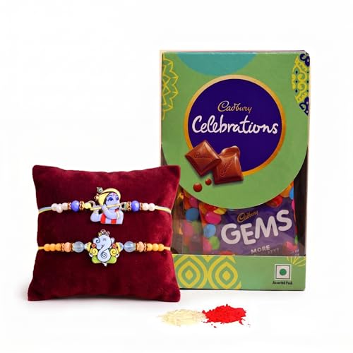 Image of TIED RIBBONS Rakhi for Kids with Chocolates Gift Pack - Set of 2 Premium Kids Rakhi with Roli Chawal Celebration Chocolates Gift Pack