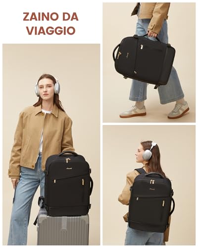 LOVEVOOK plecak podręczny, plecak podróżny dla kobiet, rozszerzalny design, plecak podręczny do samolotu, plecak podróżny jako torba kabinowa do podróży i biznesu, czarny, 40x30x20cm-24L
