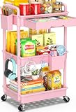 SUNALLY 3 Tier Rolling Cart with Drawer, Bathroom Storage Organizer with 2 Lockable Wheels, Multifunctional Rolling Storage Cart for Bathroom, Kitchen, Office, Craft, Makeup, Baby Essentials, Pink