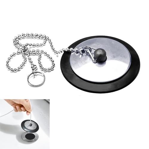Universal Sink Plug/Bath Plug and 40cm Chain, Kitchen & Bathroom Sink Plug Replacement, Black Rubber Drain Stoppers with Stainless Steel Chain, Prevent Sewer Odour