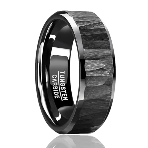 Mens Tungsten Wedding Bands Hammered Ring 8mm Classic Black/Gold/Silver Wedding Rings with Beveled Edges Comfort Fit Jewelry Gift for Him Size 7-13