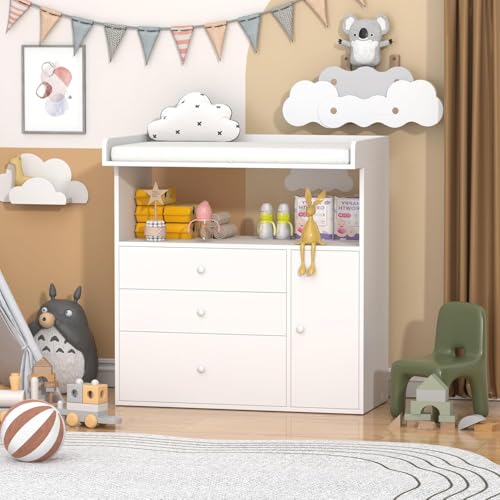 Image of Baby Changing Table Dresser with Wide Tabletop, 3 Drawers & Open Storage Space, Baby Dresser with Changing Table Top, Perfect for Baby Bedrooms & Nurseries