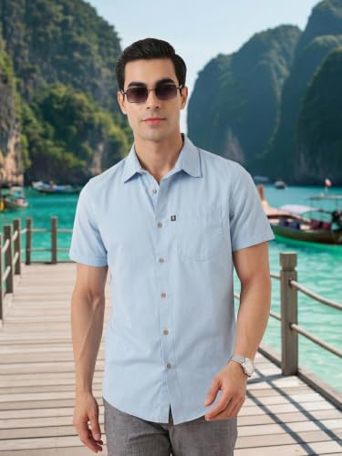 Image of Thomas Scott Men's Premium Slim Fit Casual Shirt | 100% Cotton Twill | Short Sleeves | Spread Collar | Solid Smart Casual Shirt for Men