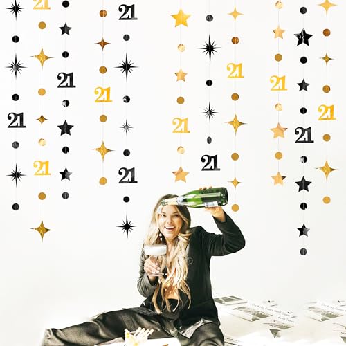 Image of Black Gold 21st Birthday Decorations Number 21 Circle Dot Twinkle Star Garland Hanging Streamer Banner Backdrop for Girls Boys Cheers to 21 Years Finally Legal Bday 21st Anniversary Party Supplies