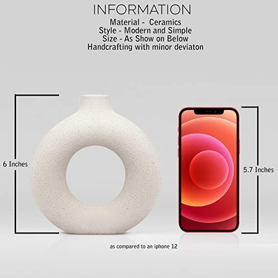 Image of 6 & 8 inch Inch White Ruf Ring 1 Pcs Ceramic Vase for Dinning Table| Vases for Home Dcor, Living Room Vase, Antique Home Dcor Vase, Living Room Flower Vase, Donut Vase (Only Vase)