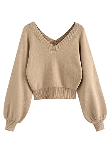 Image of ZAFUL Women's Cropped Sweater V-Neck Long Sleeve Pullover Jumper Knit Top | Crop Length, Ribbed Knit, Double V design, White sweater, Raglan sleeves, lantern sleeve, Fall & Winter, Loose fit, Oversized