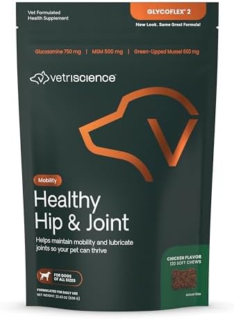 VetriScience Healthy Hip & Joint Chews, GlycoFlex Glucosamine and Green-Lipped Mussel Joint Support Supplement for Dogs, Promote Mobility and Protect Joints, Chicken, 120 Count